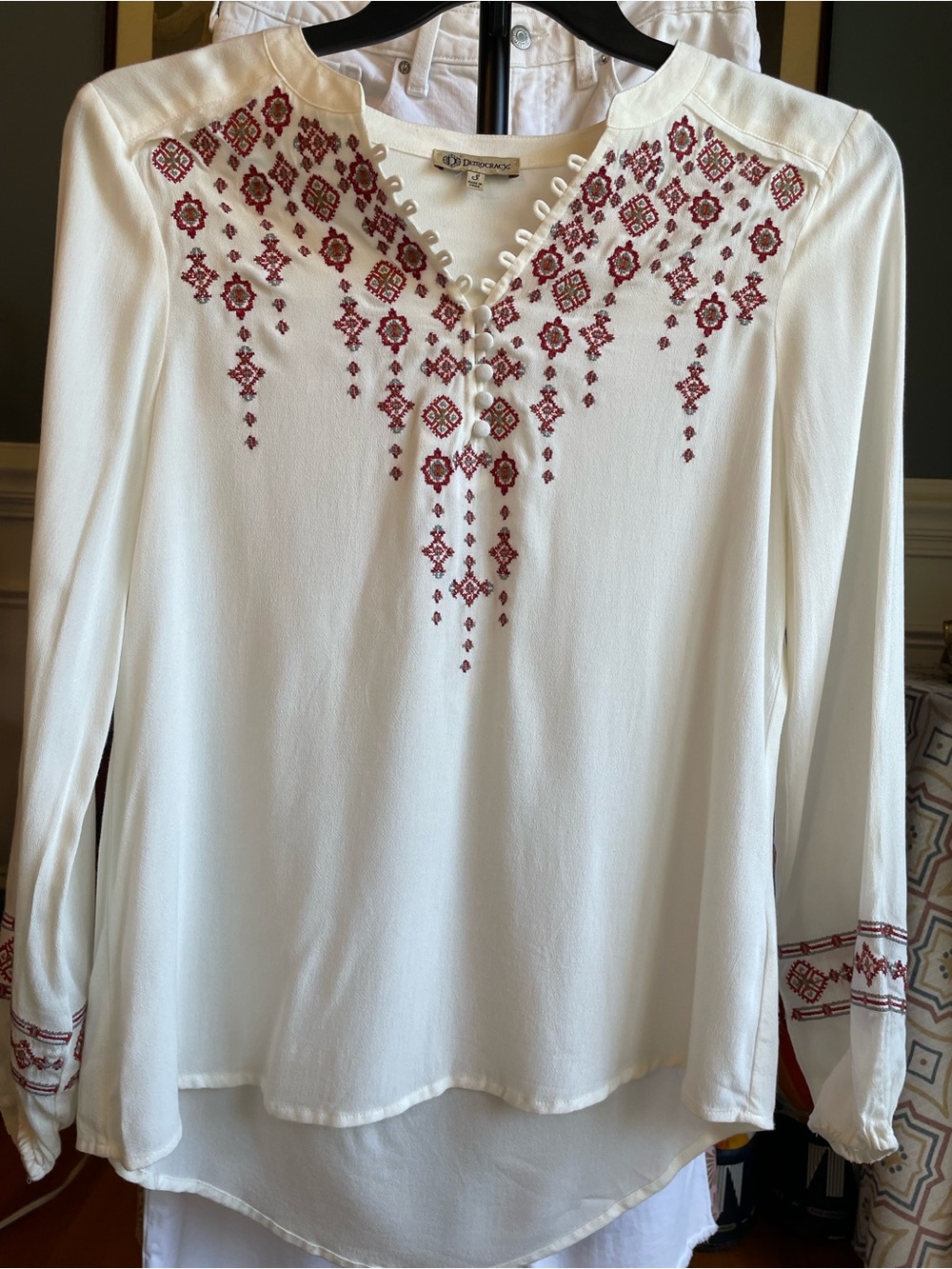 Democracy Boho Embroidered Peasant Blouse – White & Wine